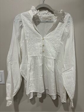 LOFT White Eyelet Peasant Top with Ruffle Collar